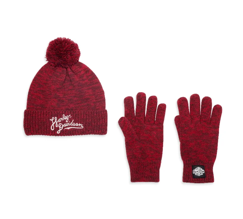 Harley-Davidson Women's Up North Pom Pom Hat & Glove Set, Red - 97709-23VW