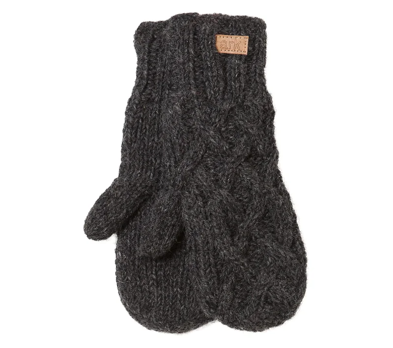 Charcoal Wool Mitten, Chunky Knit, Fleeced Lining, Boho Cable Knit