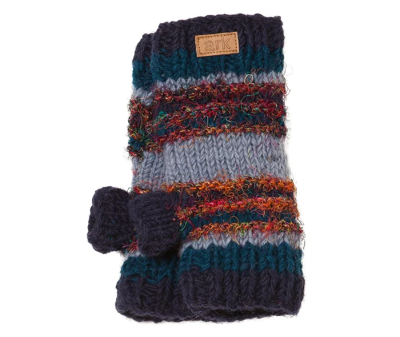 Navy Hand Warmers, Texting mittens, Wool Hand Warmers, striped wool and silk, Fleece lined inside