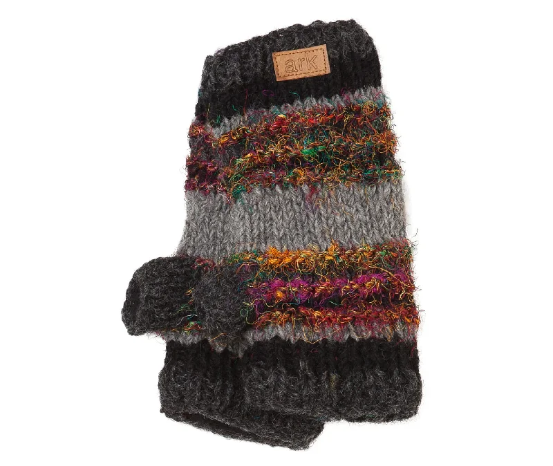 Toasty hand Warmers, Texting mittens, Wool Hand Warmers, striped wool and silk, Fleece lined inside