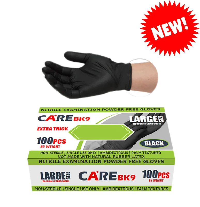 6mil Black Nitrile Gloves, Exam Grade  Care BK9