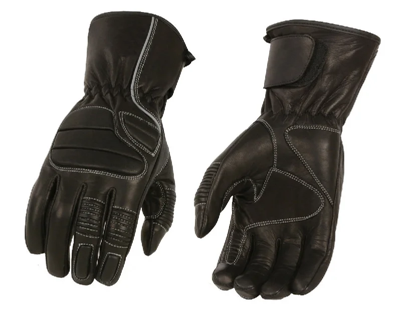 M Boss Motorcycle Apparel BOS37500 Men's Black Thermal Lined Padded Back Gauntlet Gloves with Reflective Piping