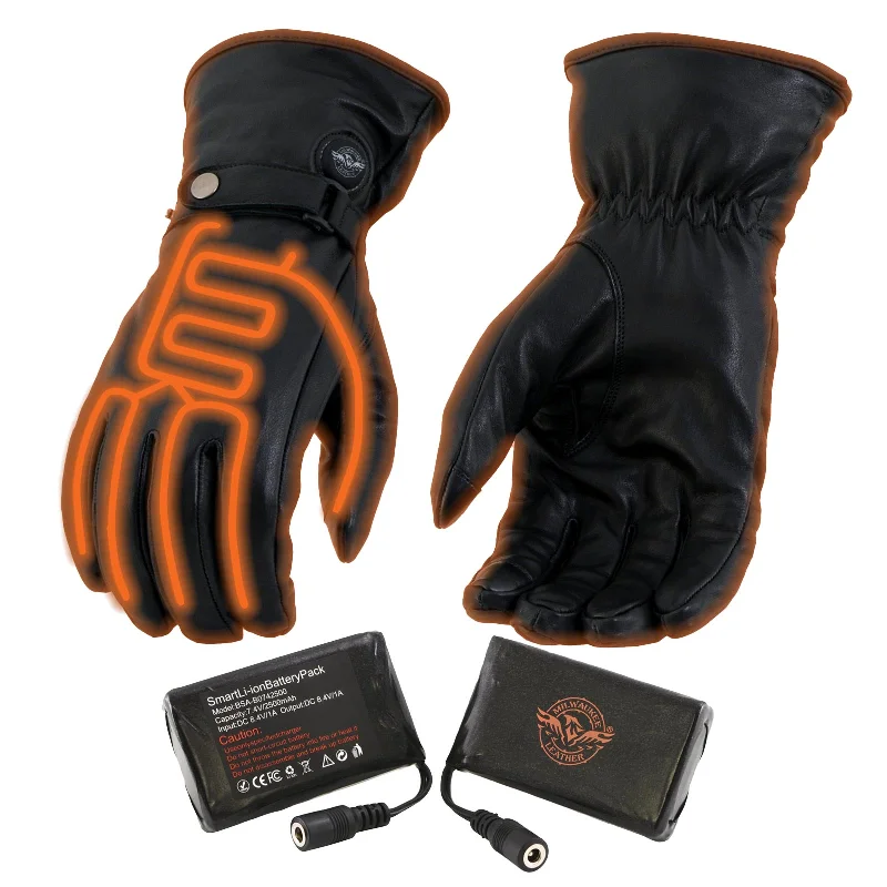 Milwaukee Leather MG7519SET Men’s Black Leather Heated Winter Gloves for Motorcycle Ski Hiking w/ Battery & i-Touch