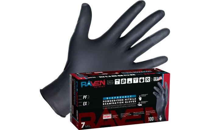 SAS Safety - Raven® Patriot Powder-Free Exam Grade Black Nitrile Disposable Gloves - 7 Mil - BOX- Made in the USA