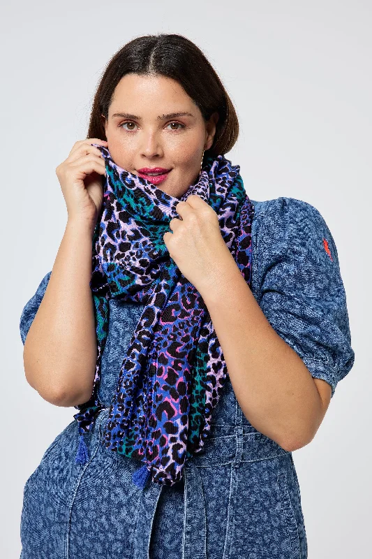 Blue with Green and Lilac Spliced Leopard Charity Super Scarf