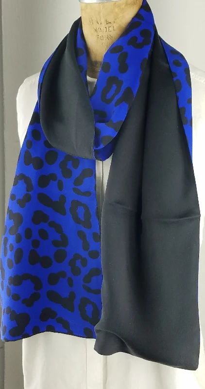 Blues and Black Spotted Silk Scarf with a Silk Black Back