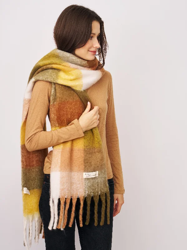 CHECK BRUSH TASSEL SCARF - YELLOW