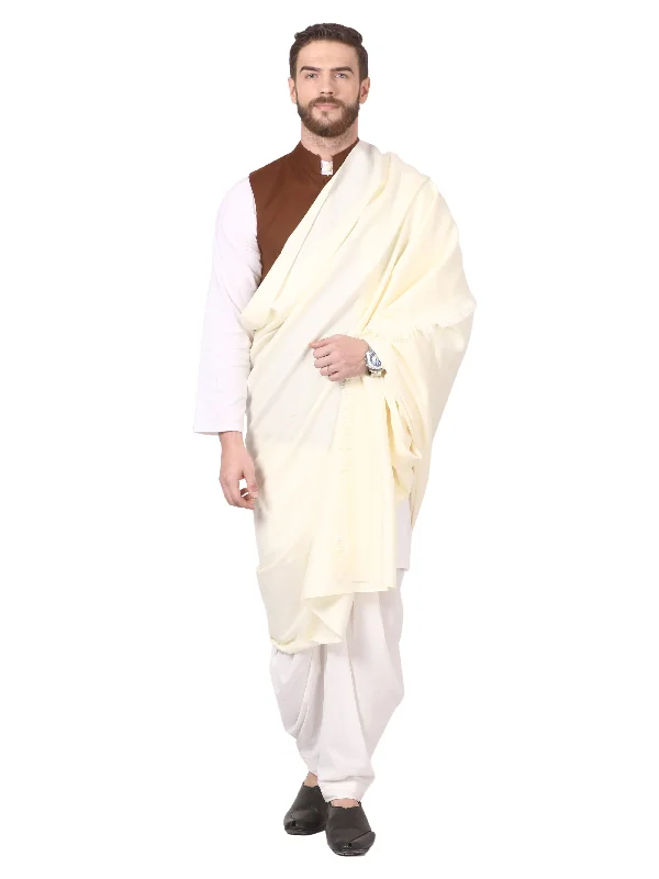 PASHTUSH MENS THICK WOOLLEN LOHI, MENS SHAWL WITH 50% WOOL,IVORY