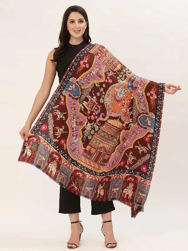 Pashtush Womens, Pure Wool, Printed Darbar Shawl, Woolmark Certified.