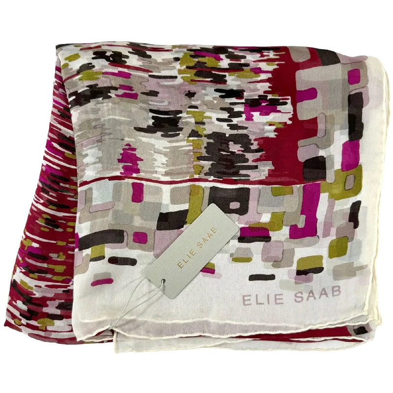 Elie Saab Scarf Bordeaux Fuchsia Gray Design - Chiffon Silk Designer Shawl