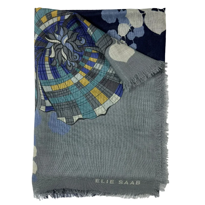 Elie Saab Scarf Gray Signature Floral Design - Cashmere Silk Shawl