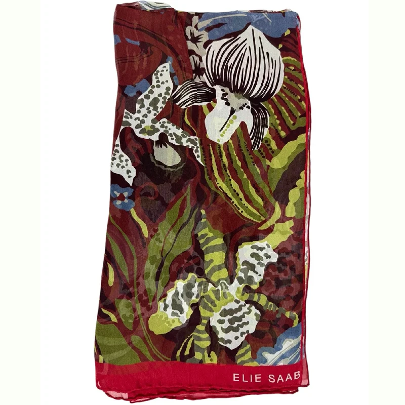 Elie Saab Scarf Bordeaux Olive Maroon Floral Design - Chiffon Silk Designer Shawl