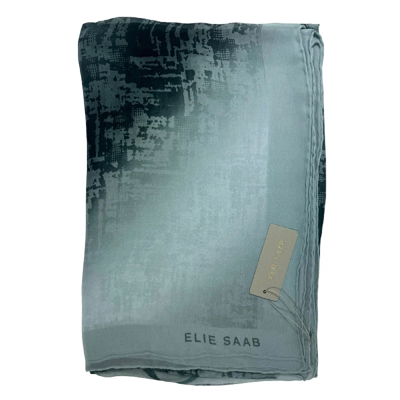 Elie Saab Scarf Signature Gray Metal Blue Design - Extra Large Square Chiffon Silk Shawl