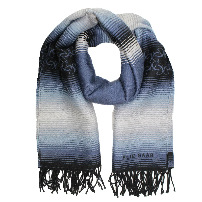 Elie Saab Scarf Blue Striped Design - Heavy Weight Wool Shawl