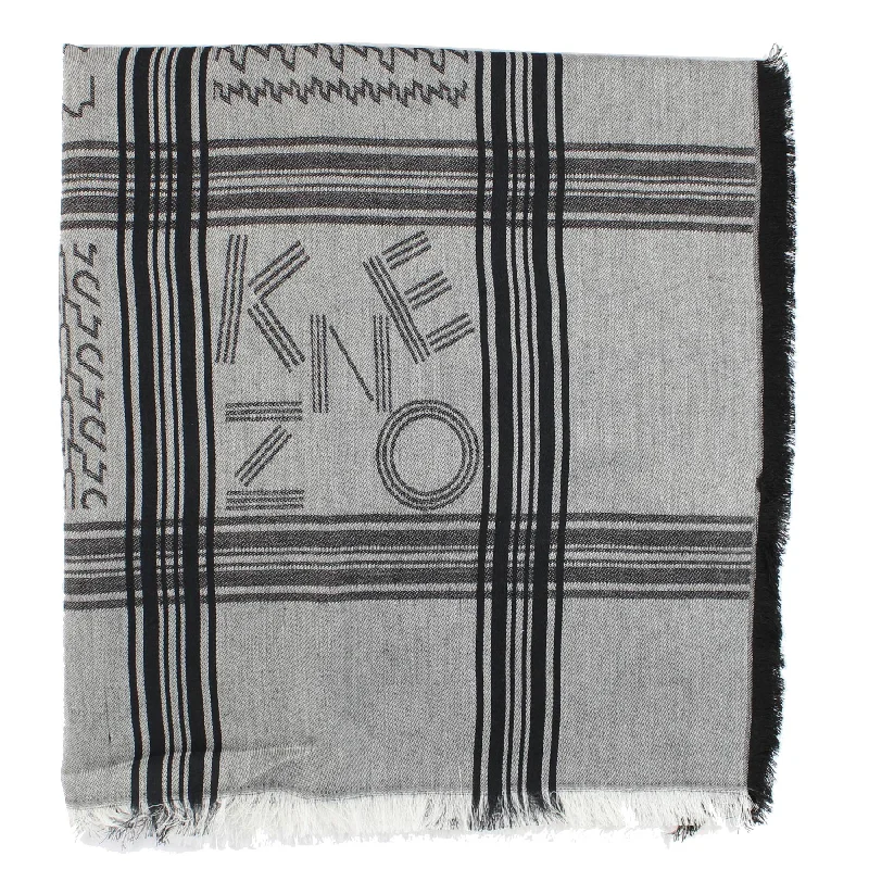 Kenzo Scarf Black Gray Houndstooth Stripes Logo Design - Large Cotton Wrap SALE