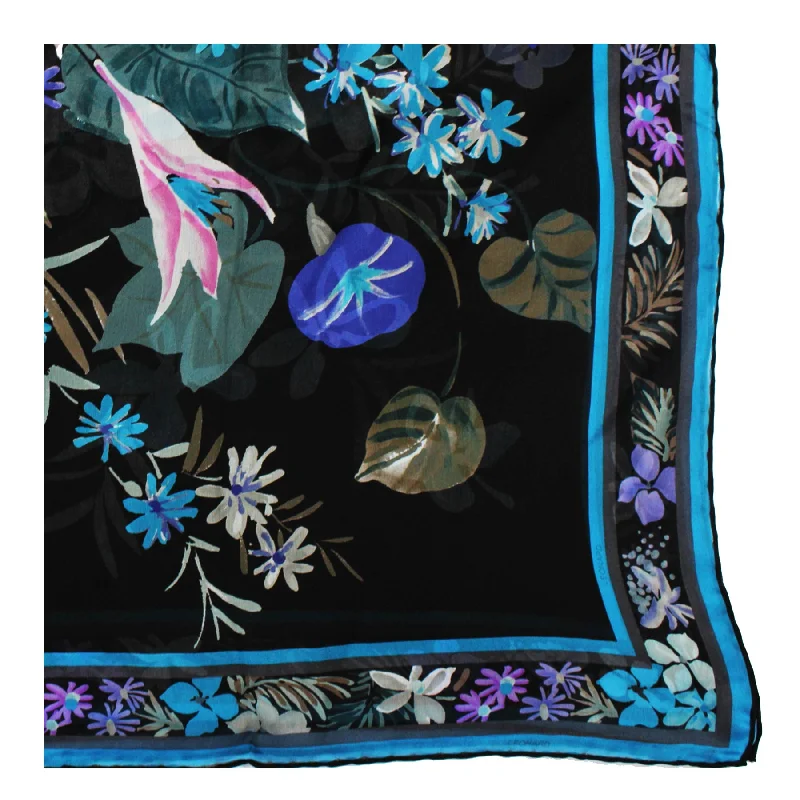 Leonard Paris Scarf Black Aqua Purple Floral - Large Square Chiffon Silk Wrap