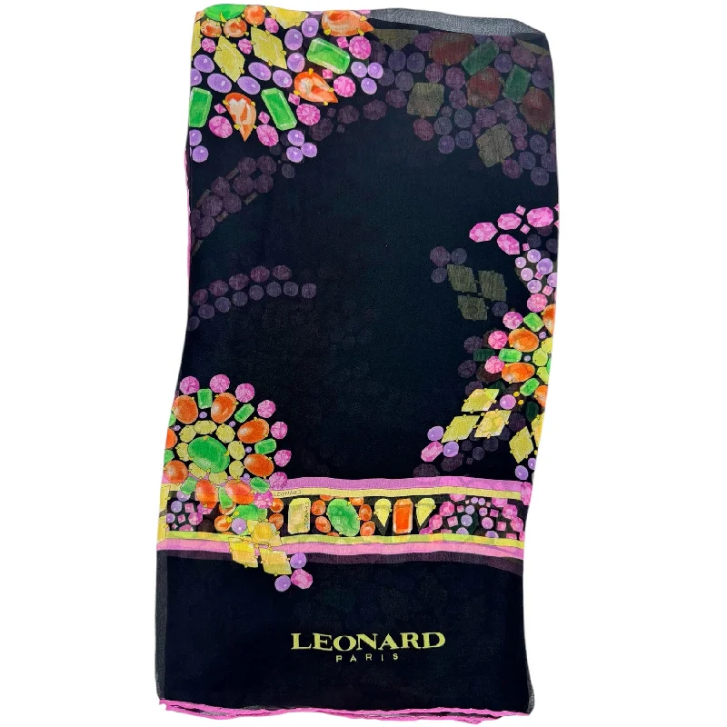 Leonard Paris Scarf Black Pink Yellow Emeralds Design - Chiffon Silk Shawl