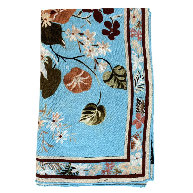 Leonard Paris Scarf Blue Brown Floral - Extra Large Square Cashmere Silk Wrap