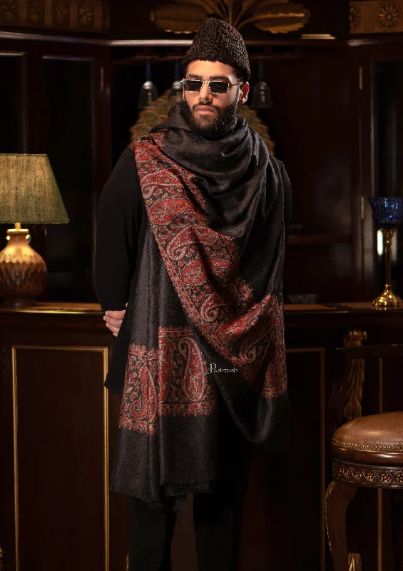 Pashtush men Fine Wool shawl, Ethnic Palla design, Black