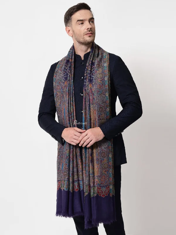 Pashtush mens 100% Pure Wool with Woolmark Certificate stole, ethnic weave design, Navy Blue