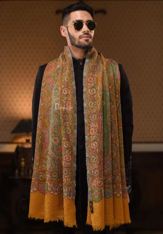 Pashtush Mens 100% Certified Pure Wool, Woven Kalamkari Design Stole, Mustard