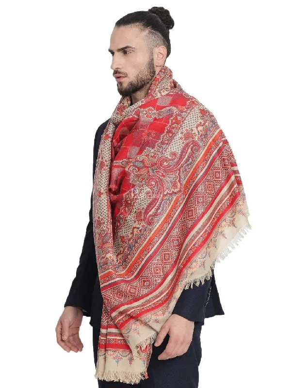 Pashtush Mens Aztec Jamawar Stole, Faux Pashmina - Maroon