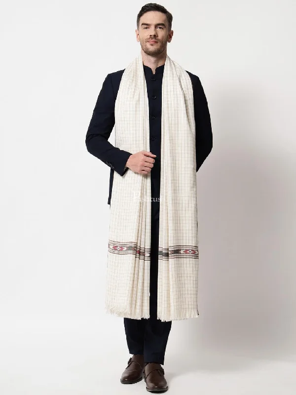 Pashtush Mens Aztec Weave Shawl With Checkered Weave, Ivory