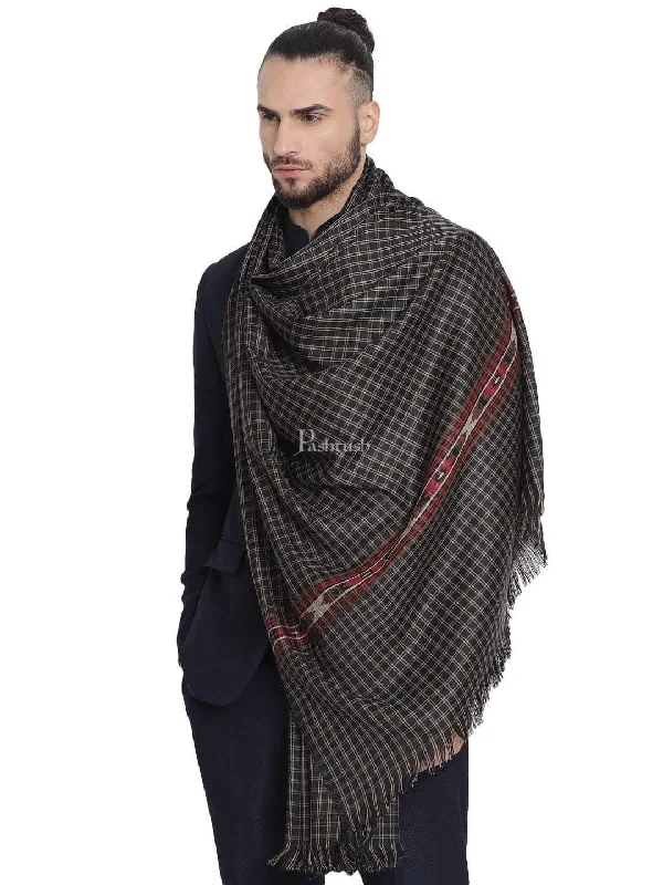 Pashtush Mens Aztec Weave Stole, From Himachal, Black