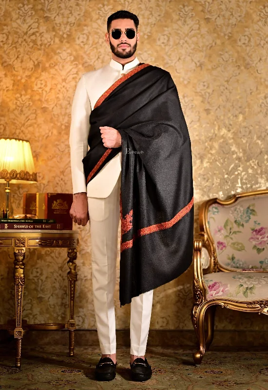 Pashtush Mens Embroidery Black Shawl, Kingri Design - Rich Black