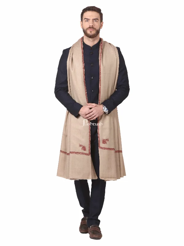 Pashtush Mens Hand Embroidery Shawl, Woollen Shawl With Kingri Design Embroidery Full Size (Beige)