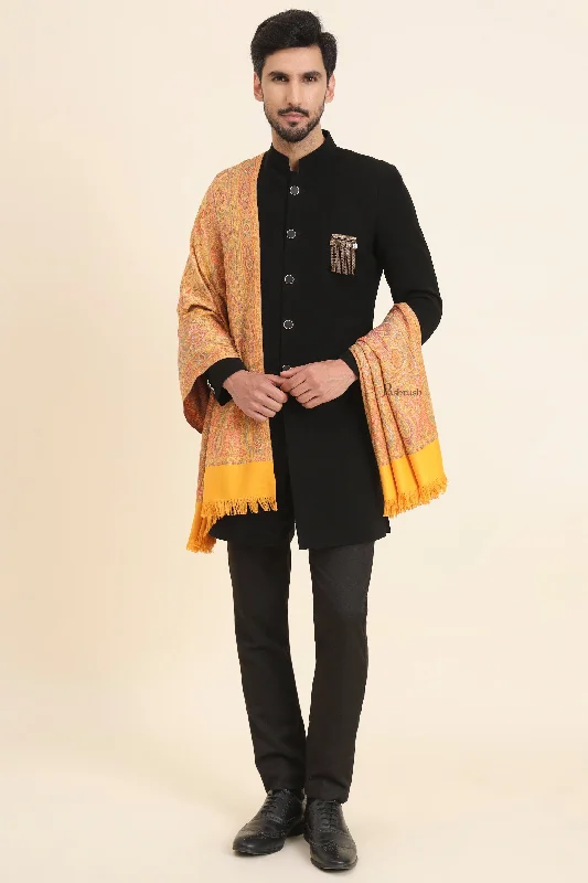 Pashtush Mens Faux Pashmina Stole, Jamawar Design, Mustard