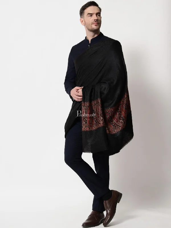 Pashtush mens Fine Wool shawl, Ethnic Palla design, Black