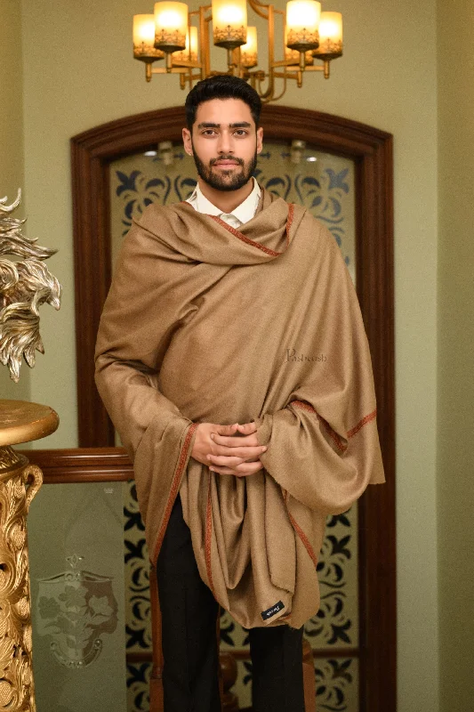 Pashtush Mens Fine Wool Shawl, Kashmiri Border Embroidery, Kingri Design, Taupe