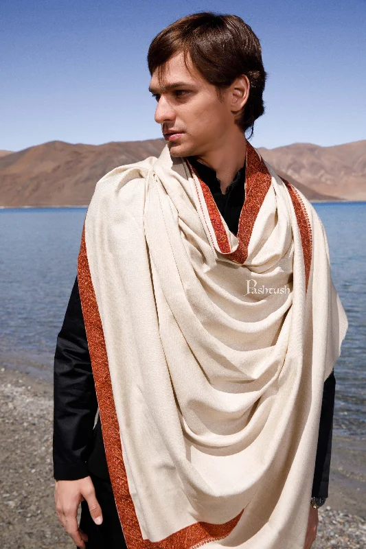 Pashtush Mens Fine Wool Shawl, Kashmiri Neemdaur Embroidery Design, Beige