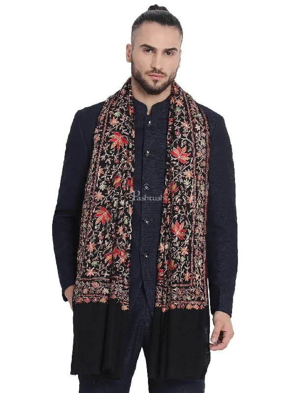 Pashtush Mens Hand Embroidered Heavy Nalki Jaal Stole ,Black