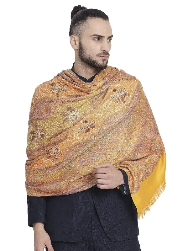 Pashtush Mens Jamawar Stole With Hand Aari Embroidery, Silky Threadwork - Soft Faux Mustard