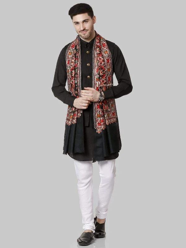 Pashtush Mens Regal Collection, Fine Wool Embroidery Stole, Rich Black