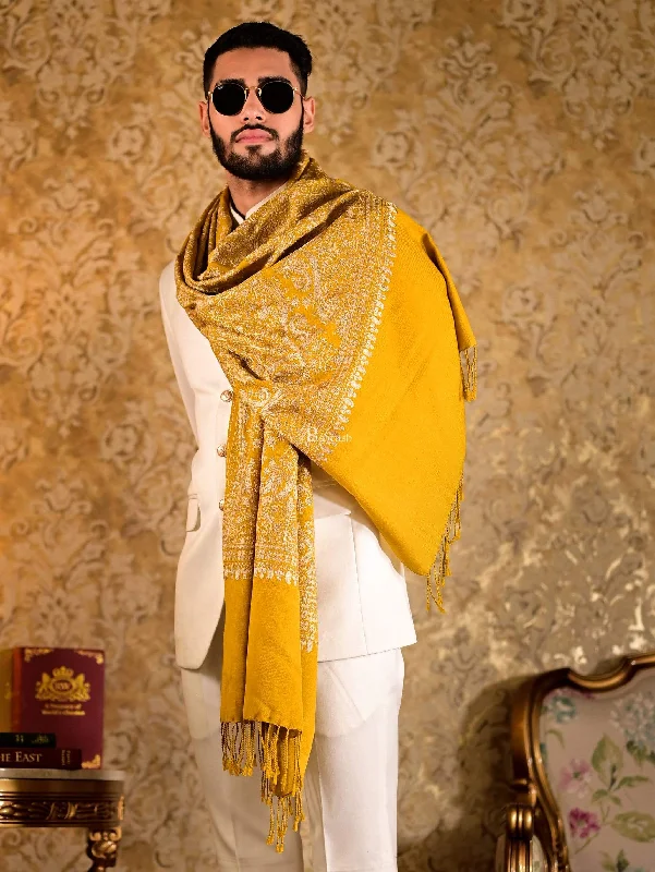 Pashtush Mens Silk-Fine Wool Fine Wool, Nalki Embroidery, Mustard