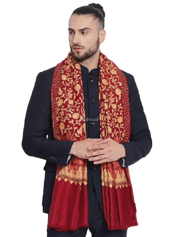 Pashtush Mens Stole, Aari Embroidery, Maroon