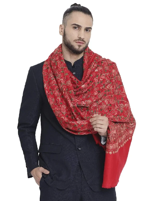 Pashtush Mens Stole, Aari Embroidery, Red