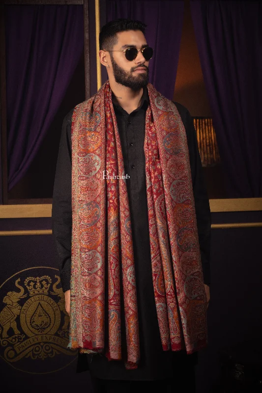 Pashtush Mens Stole, Fine Wool, Ethnic Weave, Pailseys, Maroon