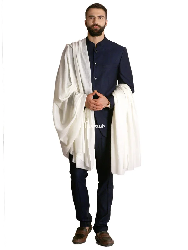 Pashtush Ring Mens 100% Pure wool Shawl, Full Size - Ivory