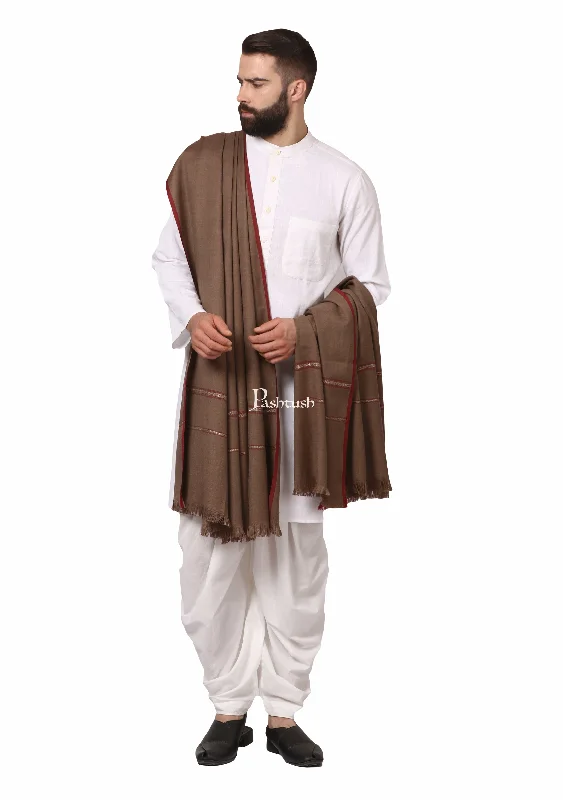 Pashtush Mens Thick Shawl Gents Lohi Woven Kinauri Design Fine Wool Full Size, Taupe