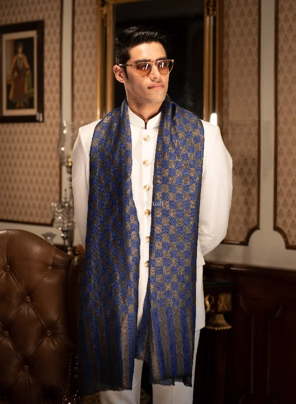 Pashtush Mens Twilight Collection, Checkered Metallic Thread Weave, Fine Wool, Blue and golden