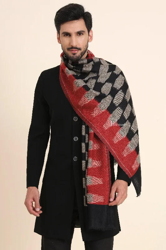 Pashtush Mens Wool Silk Stole, Honey-Comb Weave Design, Maroon And Black