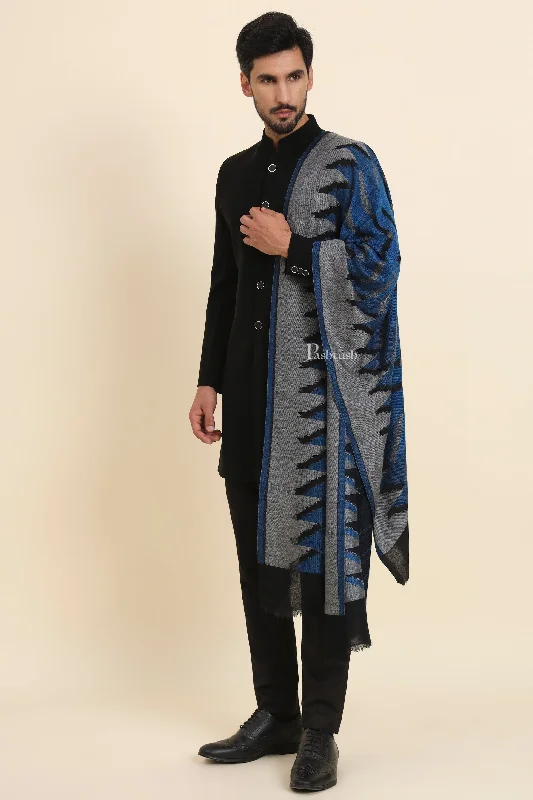 Pashtush Mens Wool Silk Stole, Soft Geometric Woven  Design, Blue