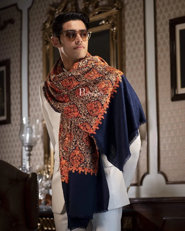 Pashtush Mens Woollen, Aari Embroidery Stole, Navy Blue