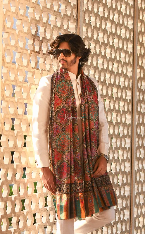 Pashtush Pure Wool, Woolmark Certified, Mens Embroidery Kalamkari Stole, Multicoloured