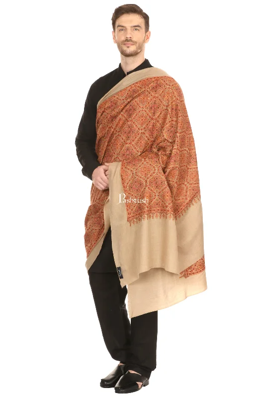 Pashtush Super Fine Embroidery Pure Wool, Ring Shawl, Full Size - Taupe