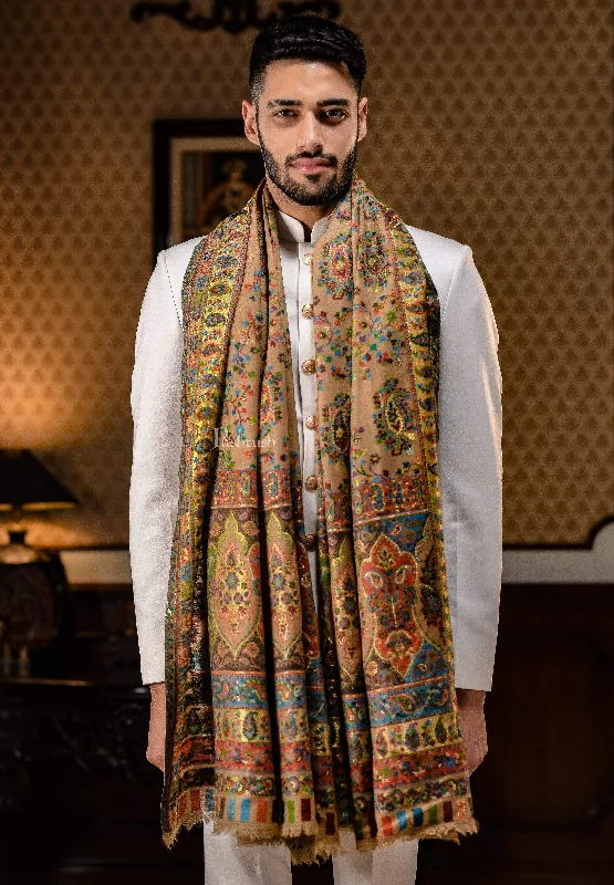 Pashtush Mens Ethnic Stole, Pure Wool, Woolmark Certificate, Beige With Zari Weave